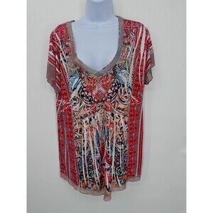 One World Pink Purple Abstract Beaded Stretch Short Sleeve‎ Top 2X